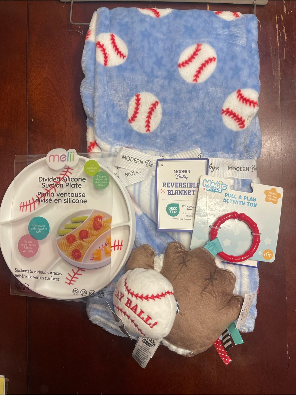 Blue Reversible Baseball Blanket - Soft Plush Kids Bib/Burp Cloth
